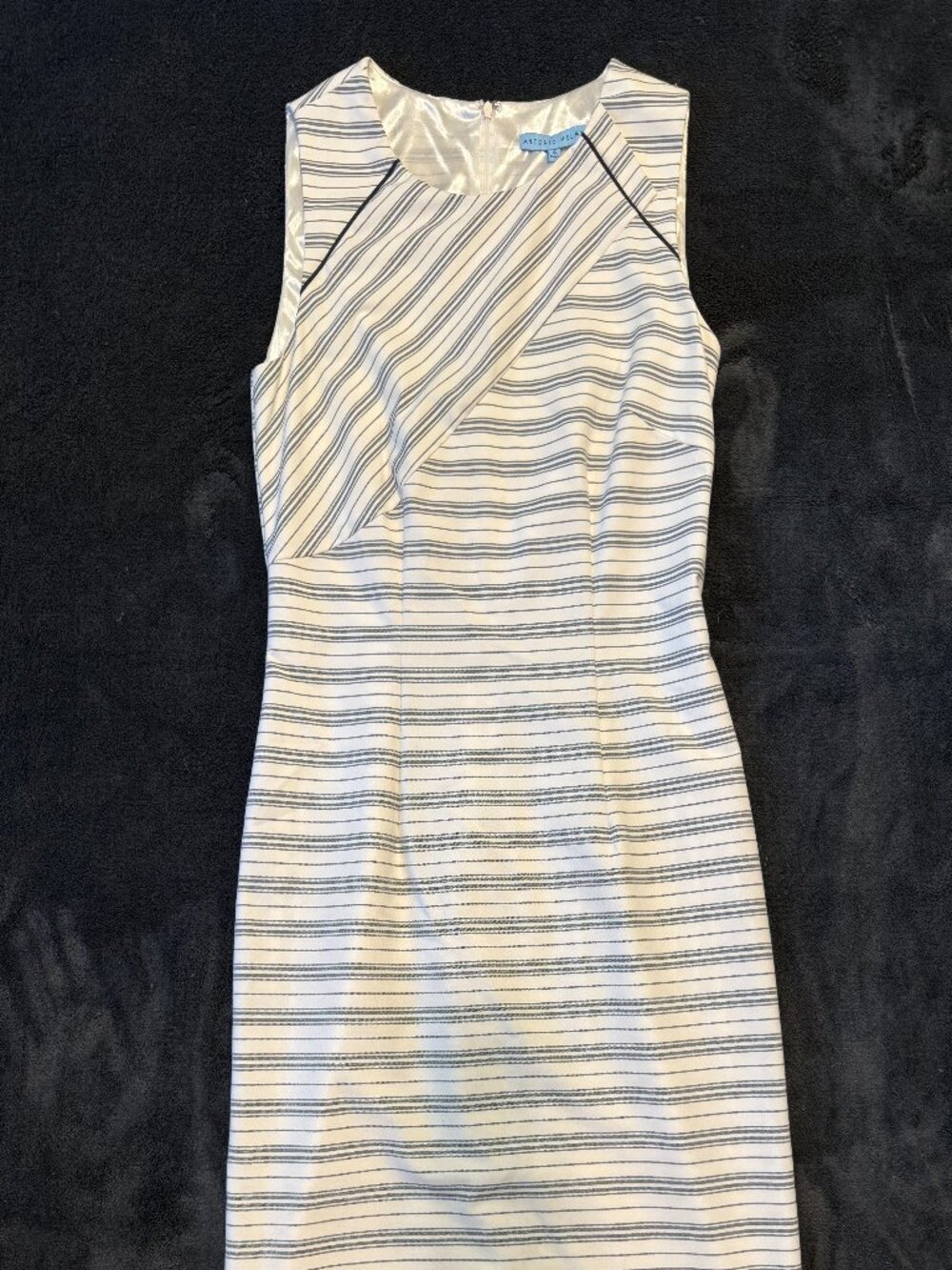 Antonio Melani Striped Sheath Dress Ivory Navy Blue Sleeveless Work 6
